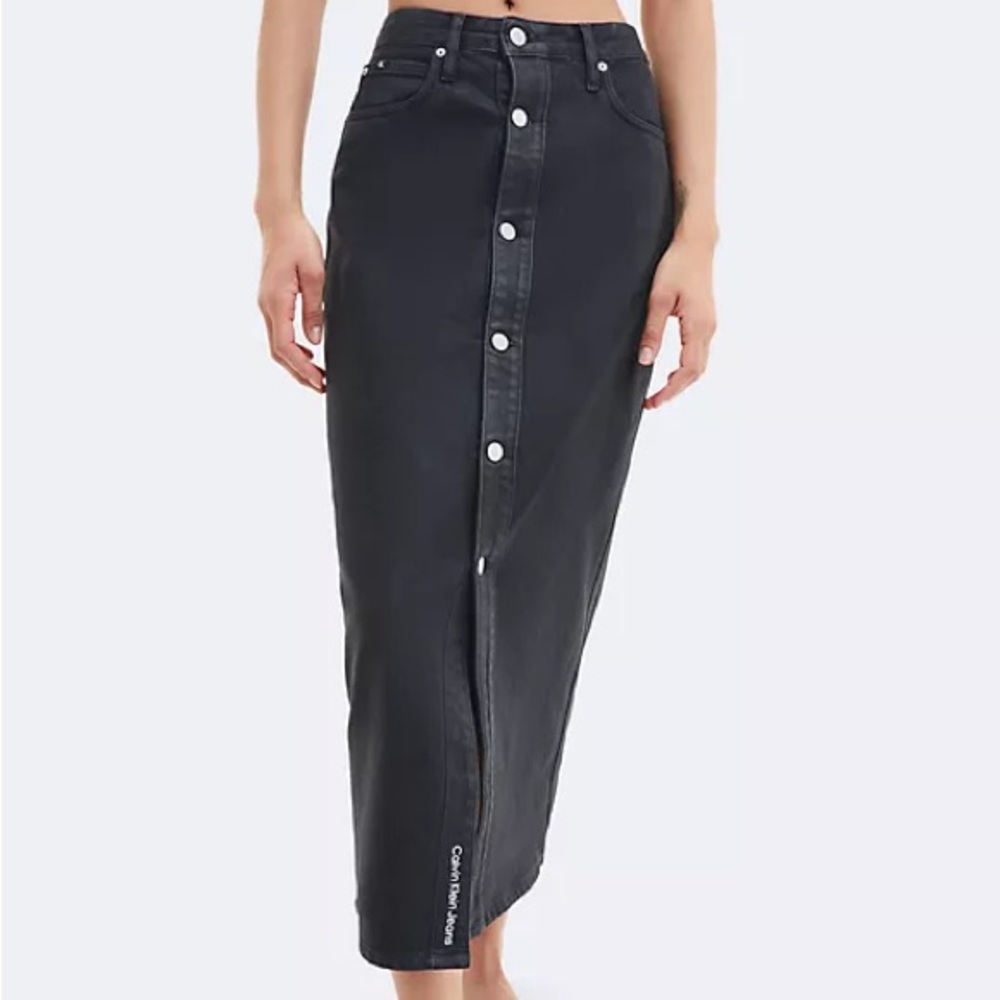 Calvin Klein Denim High Rise Maxi Skirt in Waxed Black